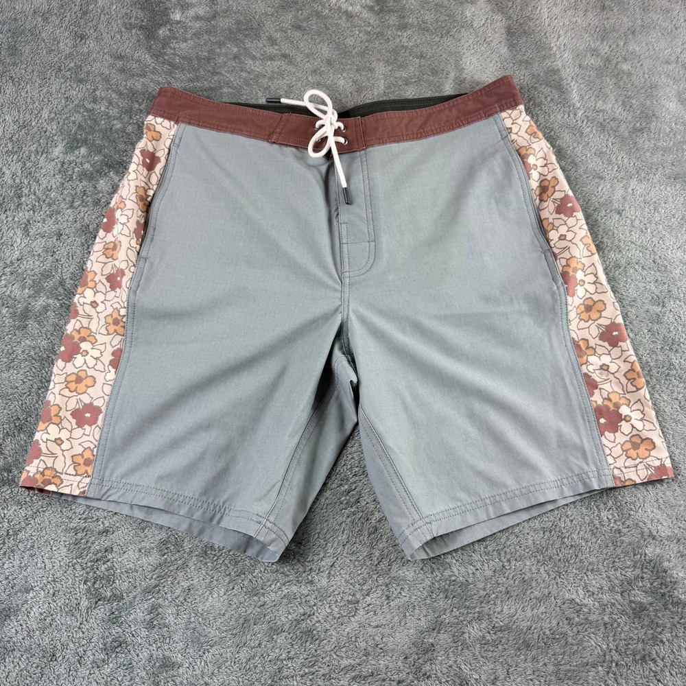 Katin Mens Floral Side Panel Board Shorts Grey Brown Size 34 Swim Trunks Retro